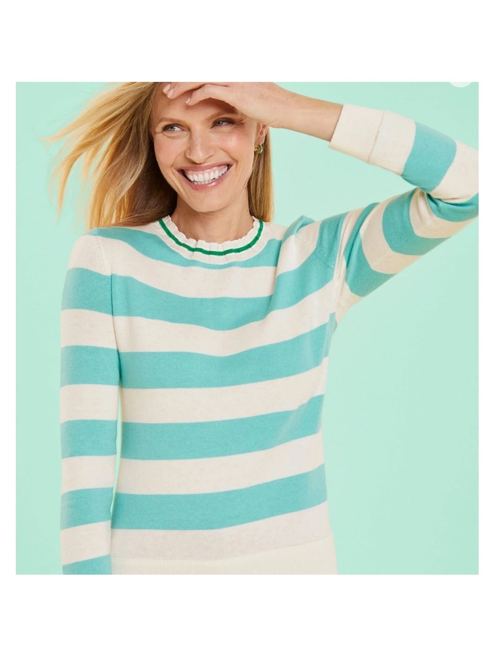 Talbots Aqua and White Striped Long-Sleeve Tee